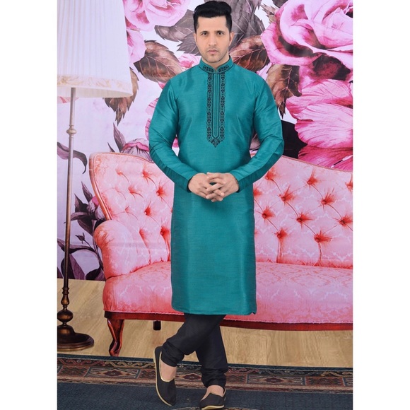 Blue Art silk Kurta with churidar / Punjabi pajama - Picture 1 of 4